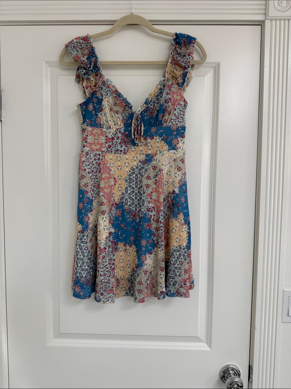 Urban Outfitters Blue & Cream Patchwork Ruffle Mini Dress